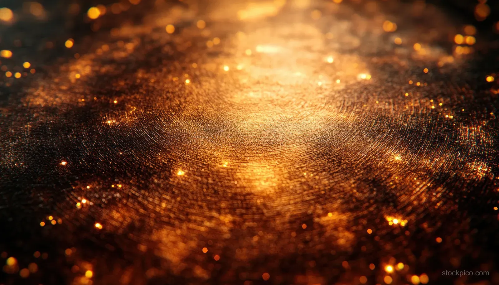 Polished copper metal plate with fine scratches and warm golden light reflections and spark-like bokeh.
