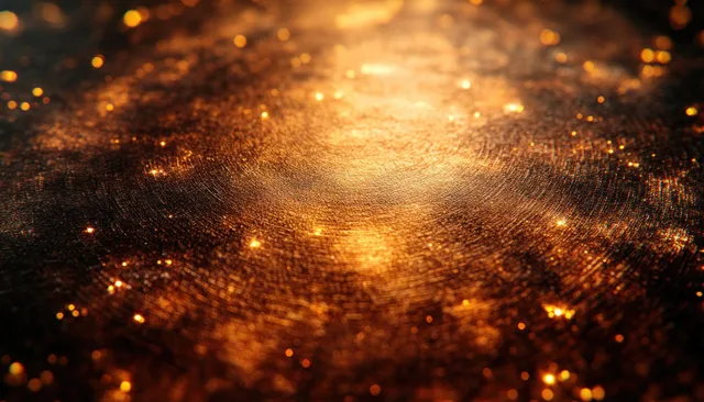 Polished copper metal plate with fine scratches and warm golden light reflections and spark-like bokeh.