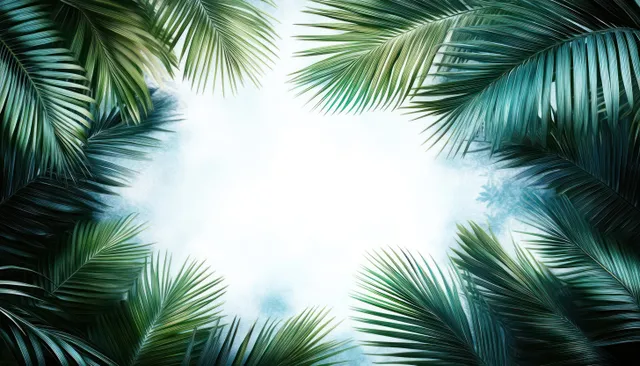 Palm fronds surround a bright light-blue sky with soft clouds in the open center.