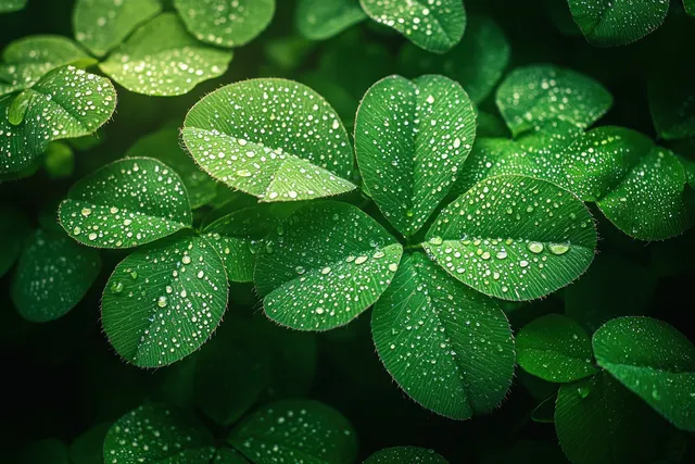 Green clover leaves covered with water droplets in soft sunlight, filling the frame.