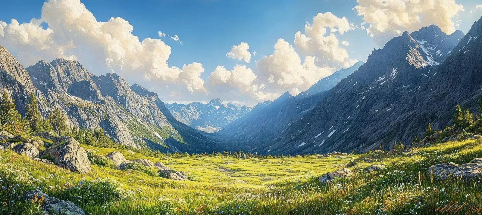 Green alpine meadow with wildflowers stretches between rocky mountains under a bright blue sky with fluffy clouds.