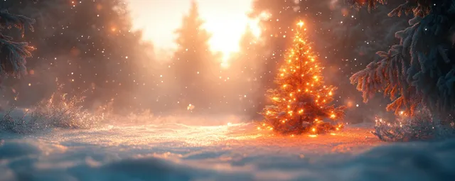 A glowing Christmas tree stands in soft snow, illuminated by warm lights under a serene moonlit sky.