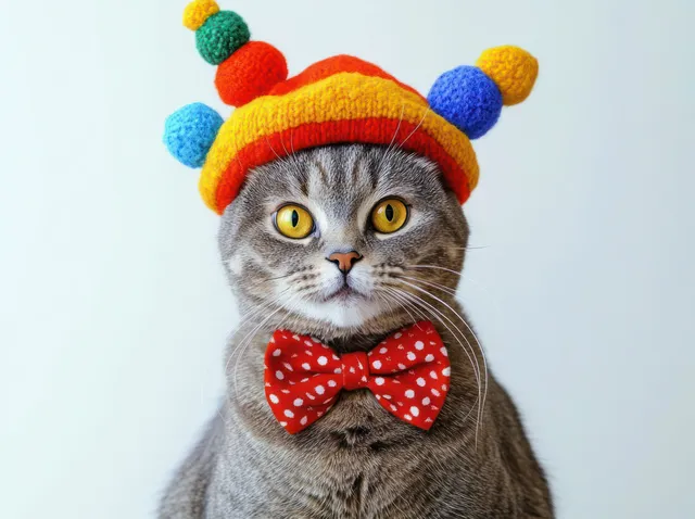 Gray tabby cat wearing a pom knit jester hat and red polka bow tie