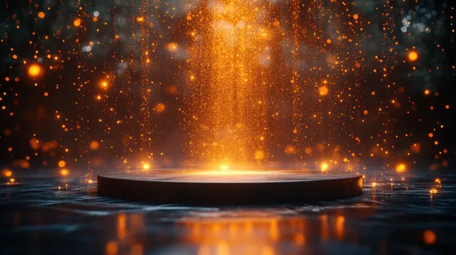Gold podium under spotlight with glittering particles and dark stage backdrop