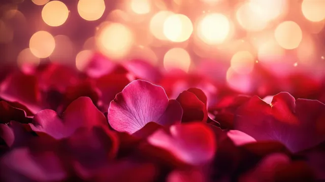 Scattered red rose petals with a softly glowing bokeh light background create a romantic mood.