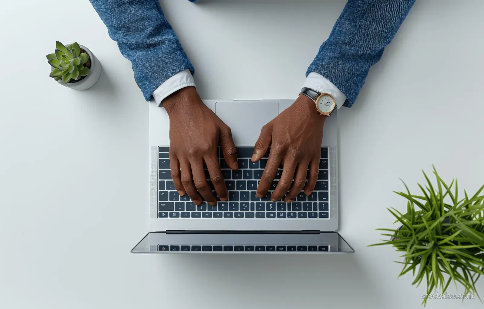 Close-up of a person typing on a laptop keyboard on a white office desk with a smartwatch and small plants.