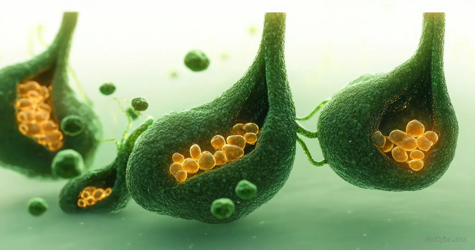 Green cell-like vesicles release glowing golden spheres into a pale fluid under a microscopic look.