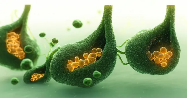 Green cell-like vesicles release glowing golden spheres into a pale fluid under a microscopic look.