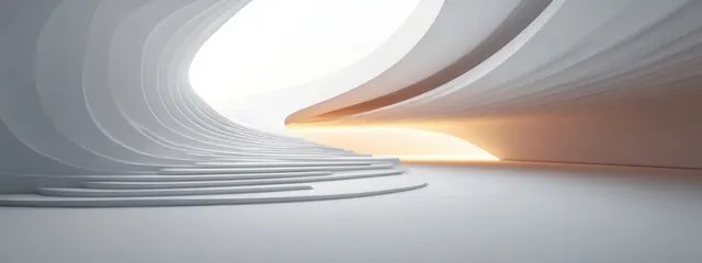 Minimalist white interior corridor with curved ceiling and soft glowing light