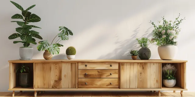Minimalist wooden sideboard with several potted plants on top against a white wall in a bright 3D interior render.