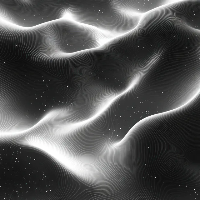 Abstract black background with glowing white wave lines and drifting star-like specks
