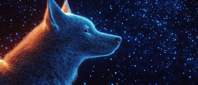 A wireframe dog profile gazes into a starry night sky with glowing blue and orange lines.