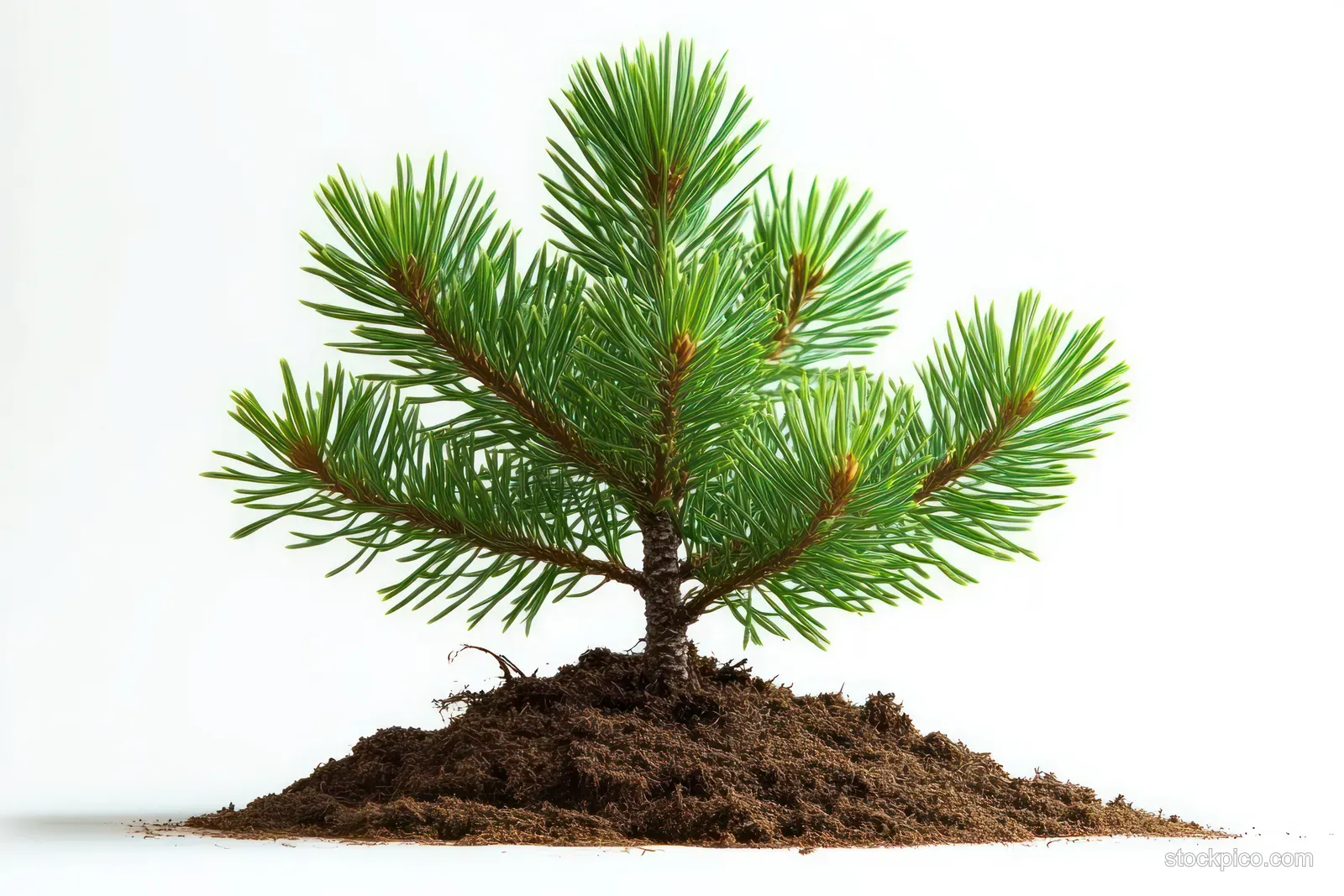A small pine seedling grows from a mound of dark soil on a white background.