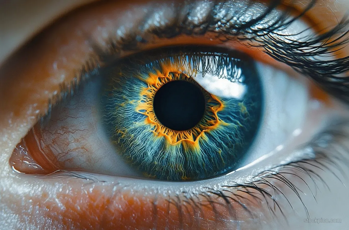 Extreme close-up of a human eye with a blue iris, orange and yellow ring around the dark pupil, and detailed eyelashes.