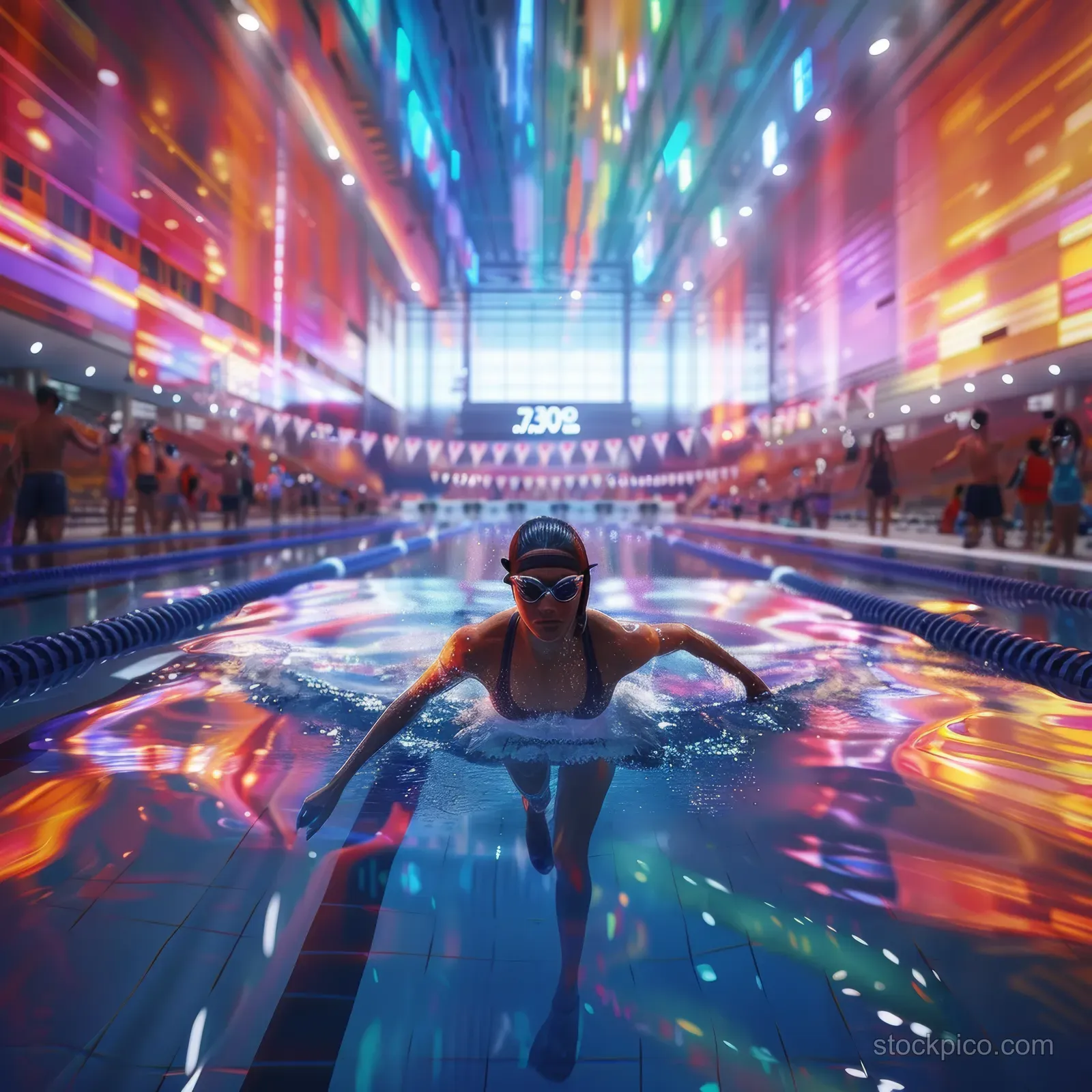 A woman breaststroke swimmer races toward the far end of a neon-lit pool with spectators and lane lines.