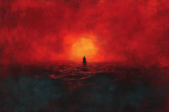 A lone silhouette stands on dark misty ground with a glowing orange light source behind.