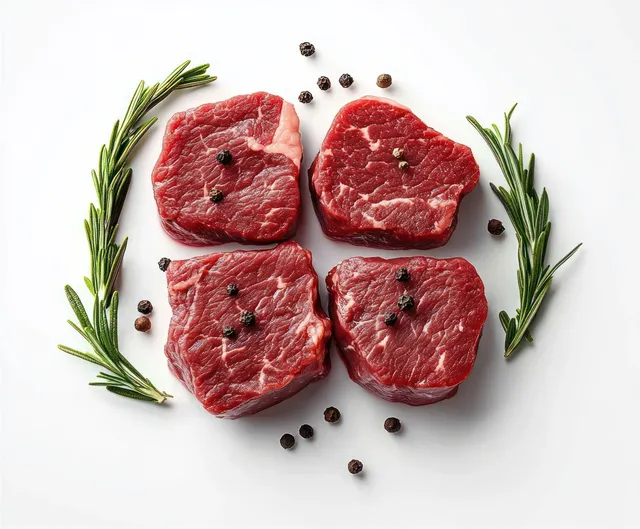 Four raw beef steaks arranged with black peppercorns and fresh rosemary sprigs on a white background.