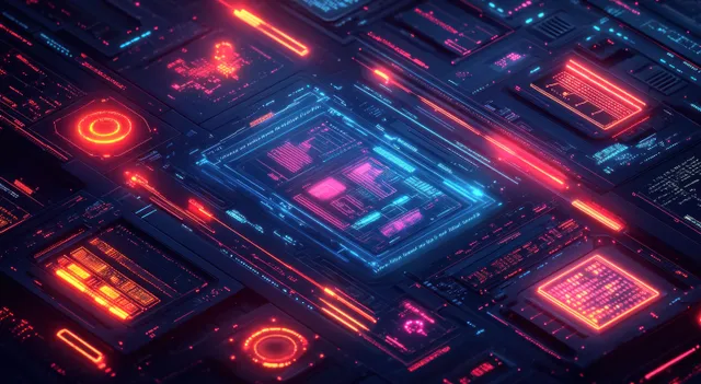 Neon holographic data dashboards floating over futuristic circuit board interface