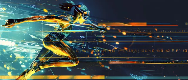 A female pole vaulter leaps above a bar as neon HUD graphics and particle streaks surround the track.