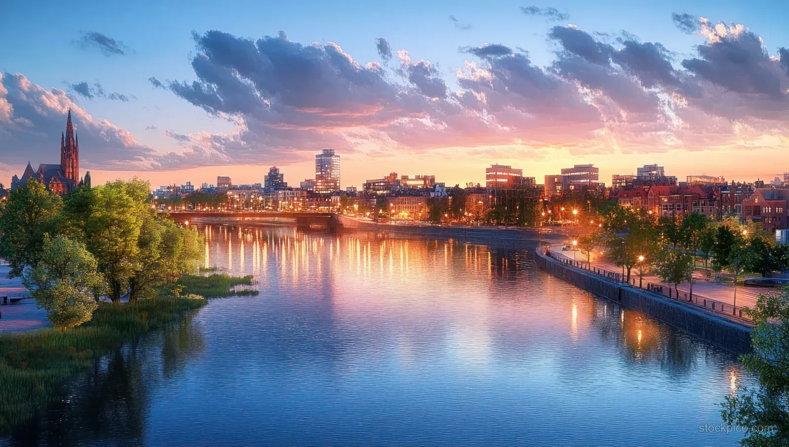 A twilight city skyline in Wroclaw with a bridge and warm lights reflected across a calm river.