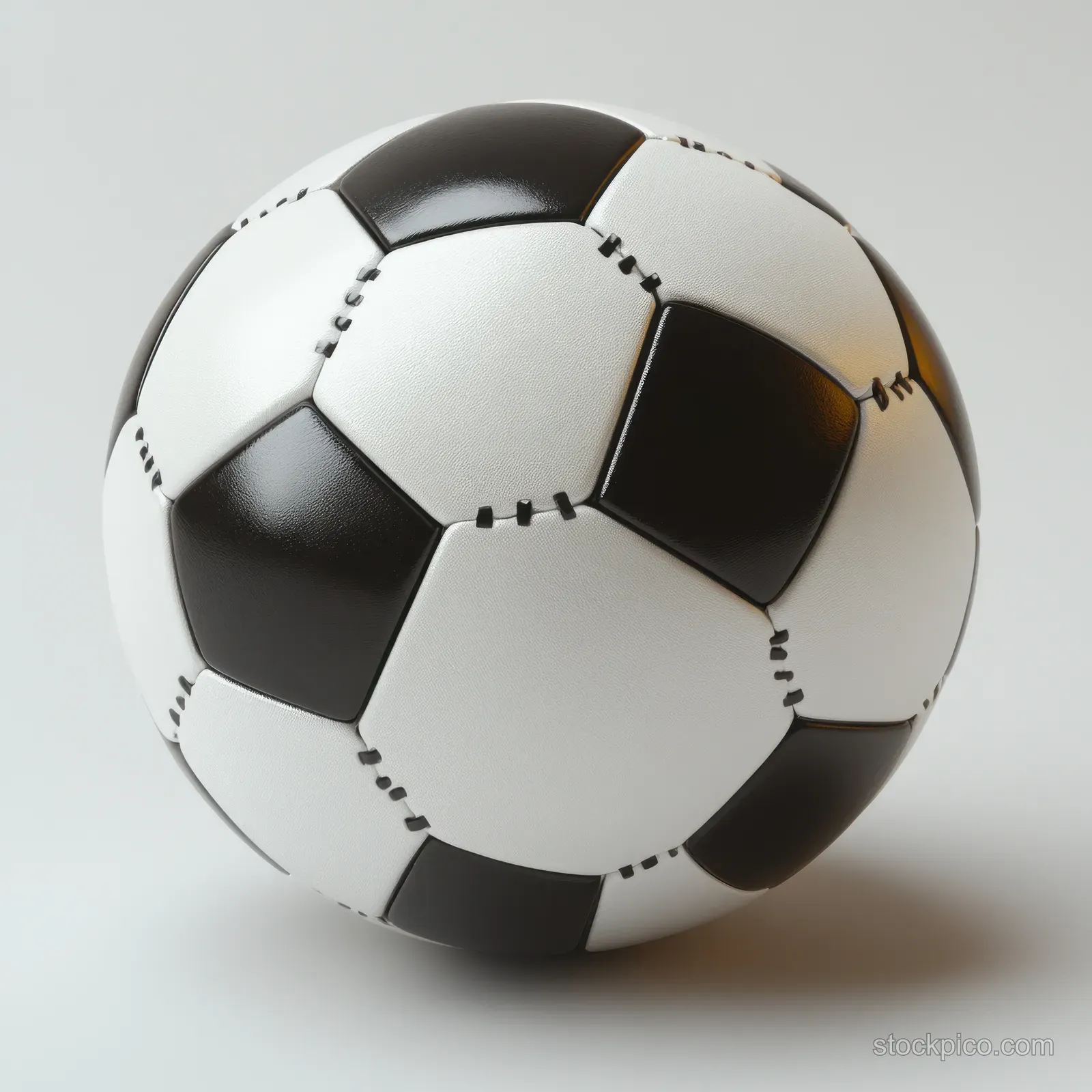 Classic black and white leather soccer ball centered on a white studio background with visible panel stitching.