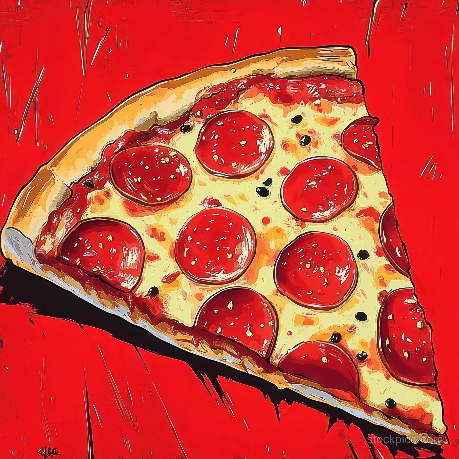 A pepperoni pizza slice sits on a vivid red textured background with melted cheese and visible pepperoni rounds.
