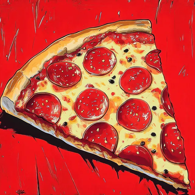 A pepperoni pizza slice sits on a vivid red textured background with melted cheese and visible pepperoni rounds.