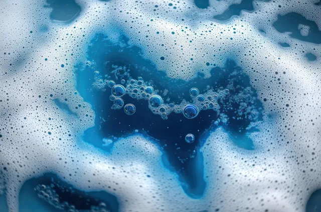 White foam and micro bubbles swirl over a deep blue liquid surface with textured, abstract channels.