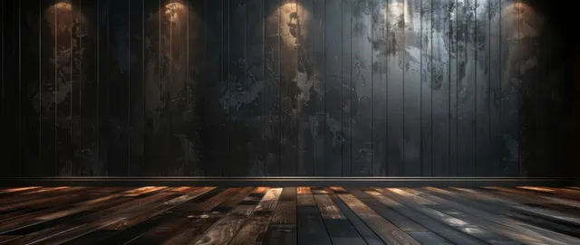 Black textured wall and wood plank floor 3D room scene with dramatic lighting
