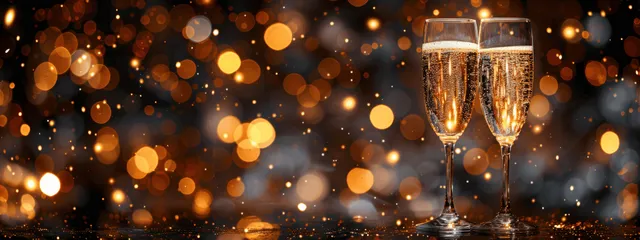 Two champagne flutes toast in front of a dark background with warm golden bokeh lights and glittering confetti.