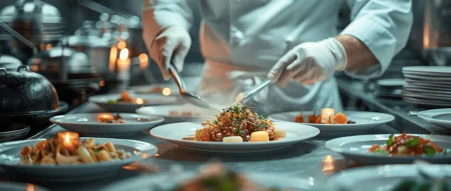 Chef plating gourmet dish in bright restaurant kitchen, gloved hands arranging herbs