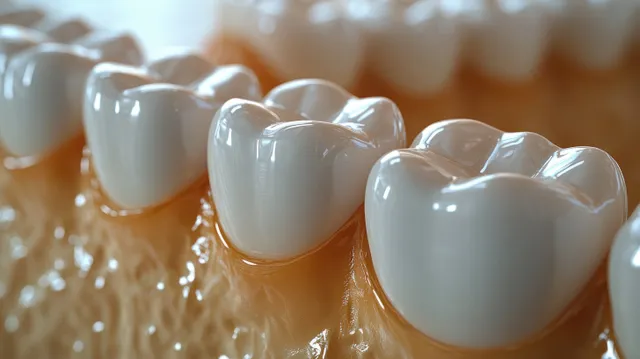Macro close-up of glossy white teeth and gums with soft lighting and blurred background.