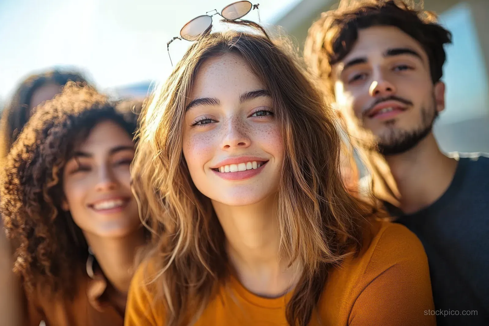 Smiling young friends pose for a smartphone selfie outdoors with warm sunlight and an urban background.
