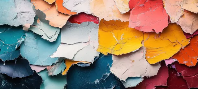 Close-up of layered torn paper scraps in red, orange, yellow, pink, white, and teal with rough edges.