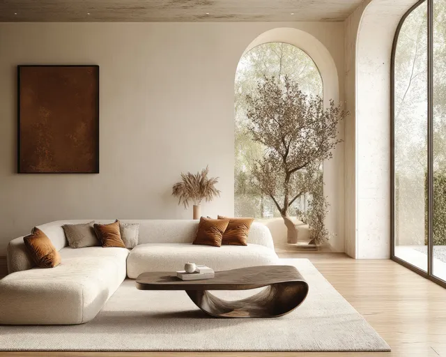 Blank poster frame mockup in a cozy modern living room with sculptural coffee table