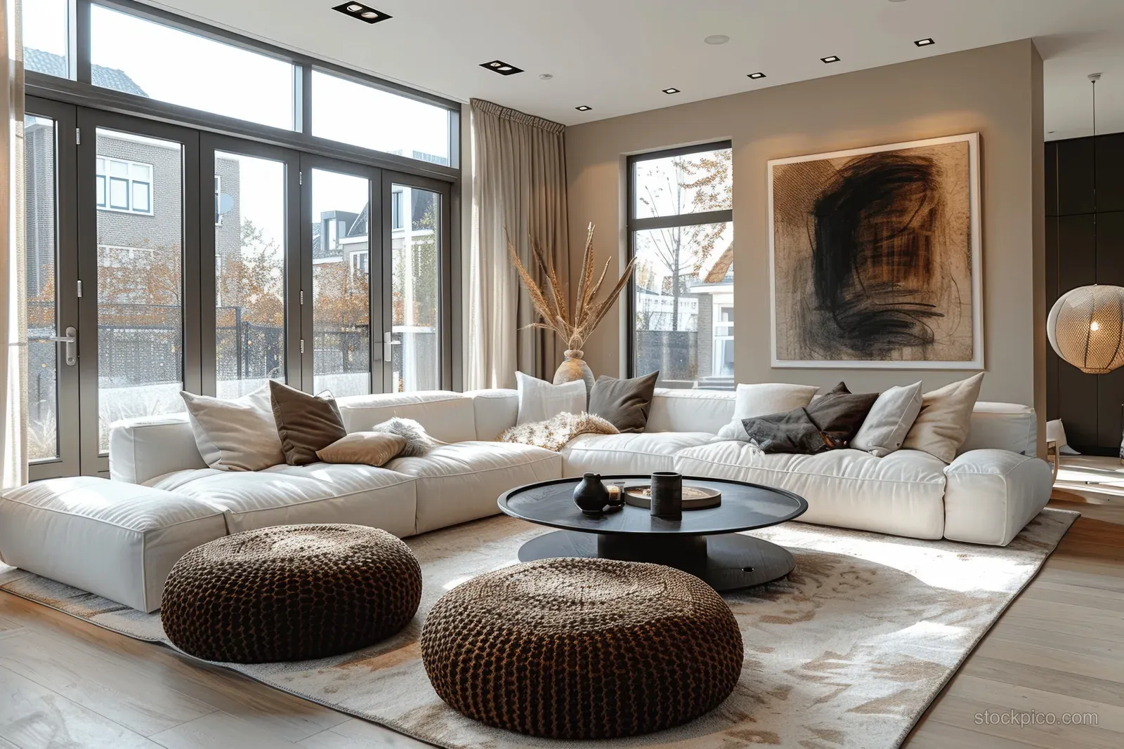 Sunlit living room with a white L-shaped sofa, black coffee tables, brown ottomans, tall windows, and an abstract wall painting.