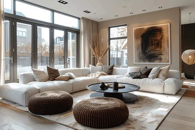 Sunlit living room with a white L-shaped sofa, black coffee tables, brown ottomans, tall windows, and an abstract wall painting.