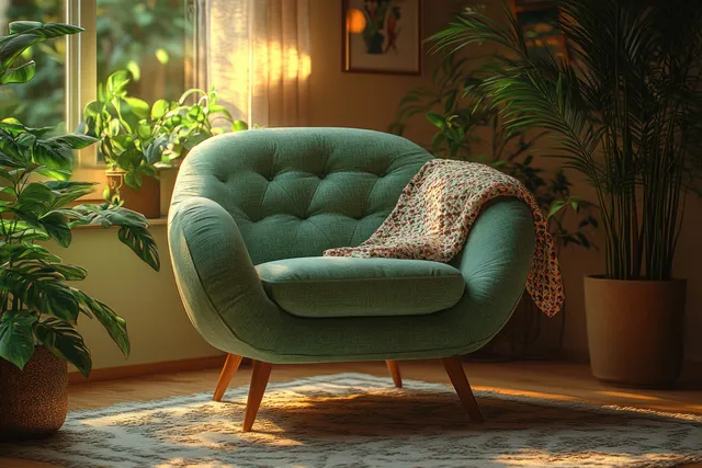 A green armchair with a patterned blanket in a sunlit living room surrounded by potted plants and a warm floor lamp.