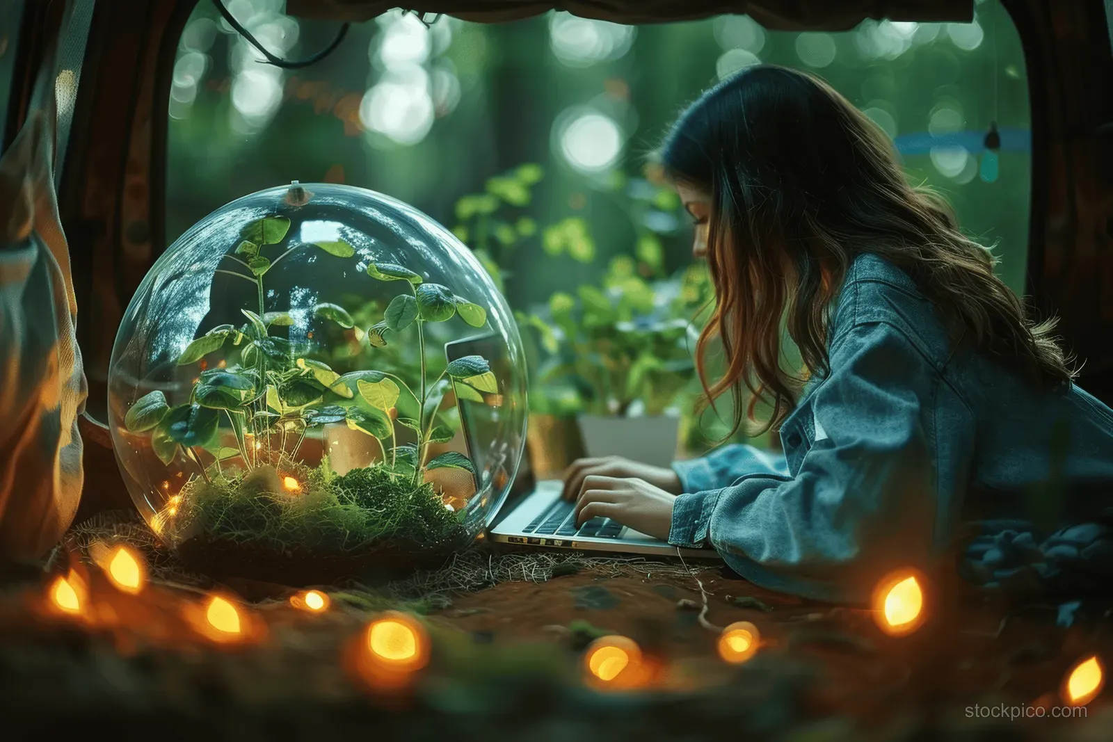 Young woman typing on a laptop beside a glass terrarium, with warm string lights glowing in a cozy room.