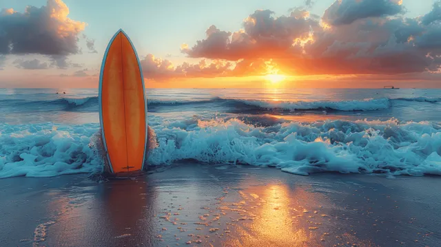 Vintage orange surfboard standing in shallow water with ocean waves and sunset glow on the beach.