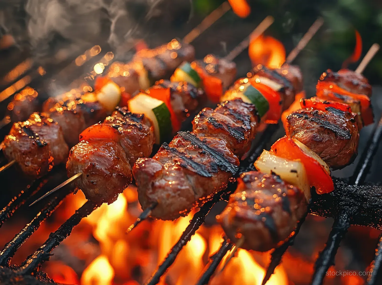 Pork and chicken kebabs with peppers and onions sizzle on skewers above bright barbecue flames.