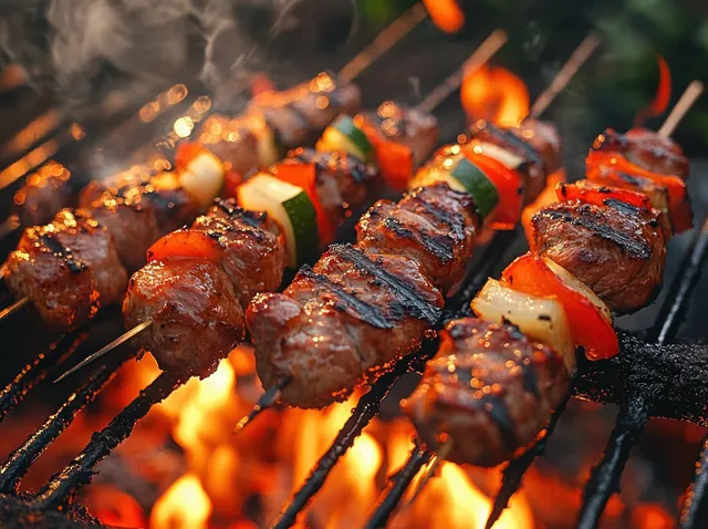 Grilled pork and chicken skewers with peppers and onions over roaring barbecue flames