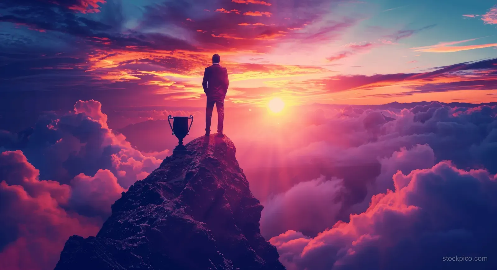 A businessman stands on a mountain peak beside a trophy at sunset.