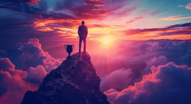 Businessman Holding Trophy on Mountain Peak at Sunset