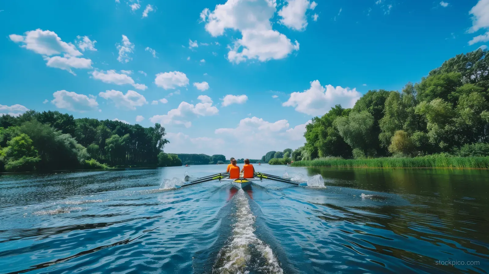 A Dutch quadruple sculls crew in bright orange rows forward on a calm lake with ripples and green shoreline.