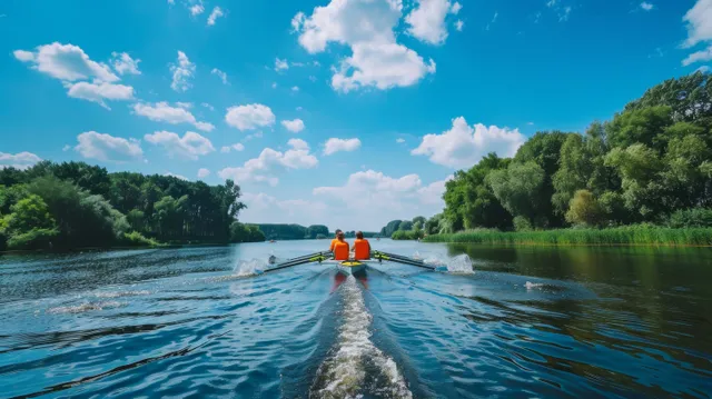 A Dutch quadruple sculls crew in bright orange rows forward on a calm lake with ripples and green shoreline.