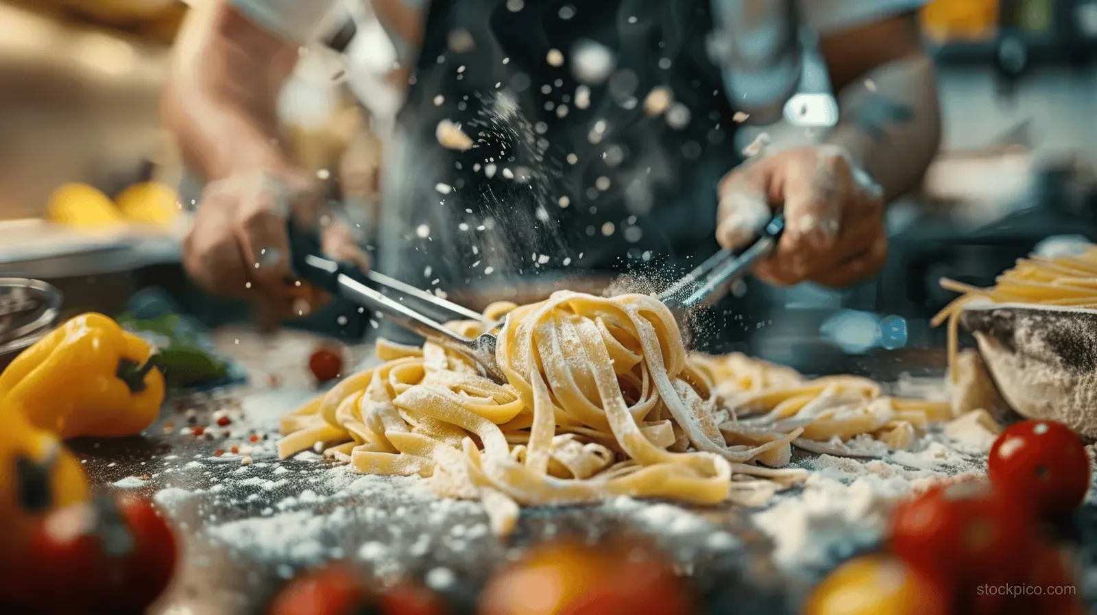 Chef cuts fresh fettuccine on a floured wooden table as hands and ingredients surround the workspace.