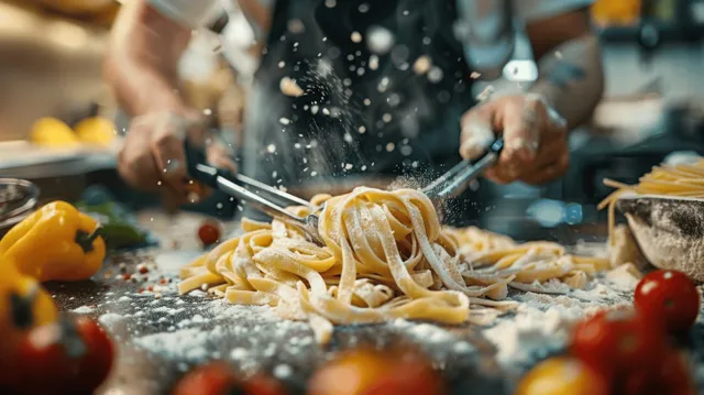Chef cuts fresh fettuccine on a floured wooden table as hands and ingredients surround the workspace.