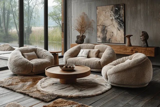 Minimalist living room shows round beige sofas and fluffy chairs around a wooden coffee table near large windows.