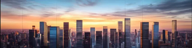 Panoramic view of a modern city skyline at sunset with illuminated skyscrapers and warm sky gradients.